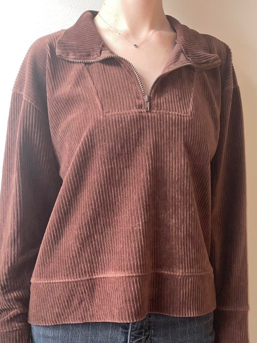 Topshop Brown Velour Half-Zip Crewneck Sweater Pullover
